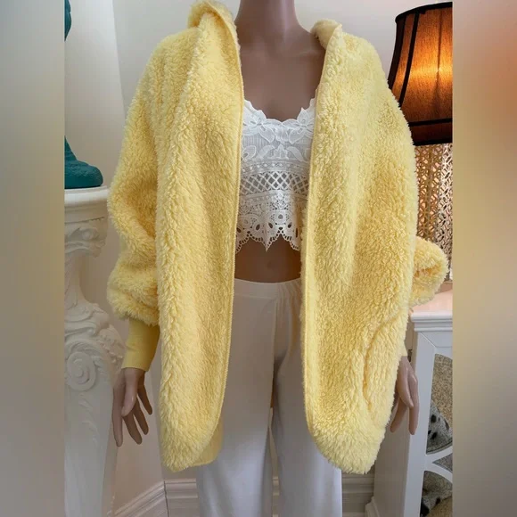 Plush Hooded Teddy Coat in Bright Yellow - Picture 3 of 9